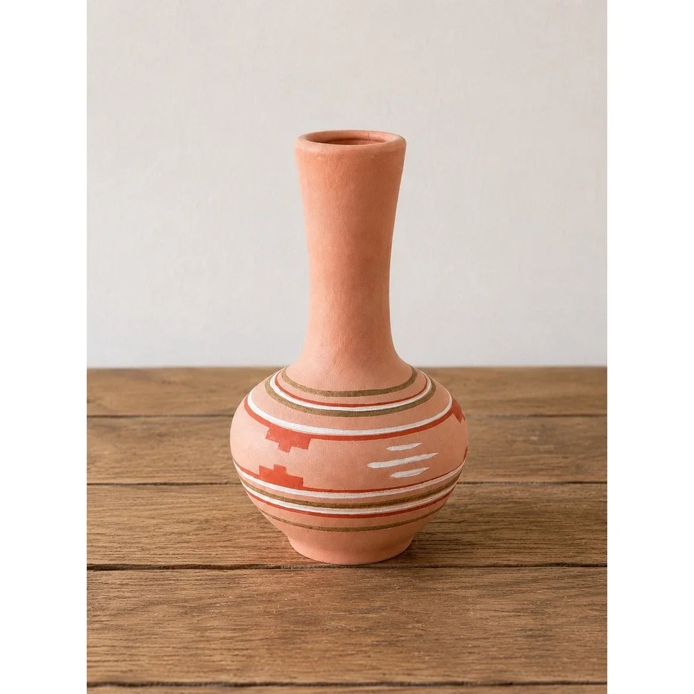 TESA Hand Painted Bud Vase USA Terracotta Southwestern Pottery P-15 Peach 5.25